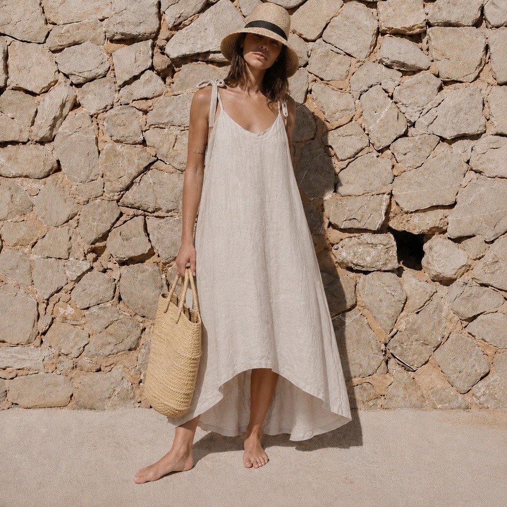 Amazhiyu Linen Dress XS Natural Beige Coastal‎ Lagenlook Minimalist Boho Chic